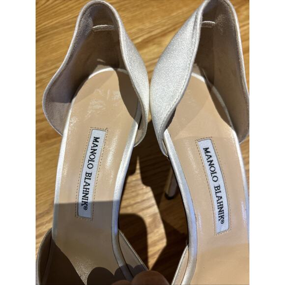 Manolo Blahnik cream satin D'orsay stiletto's 41 1/2 bow peep tow Italy New - Picture 8 of 16